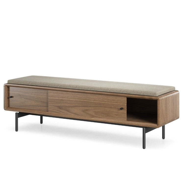 LINQ Bench in walnut with pecan cover angle view with open door