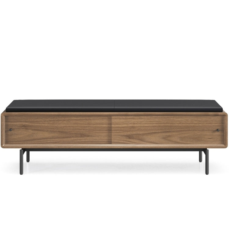 LINQ Bench in walnut with pepper leather cover head on