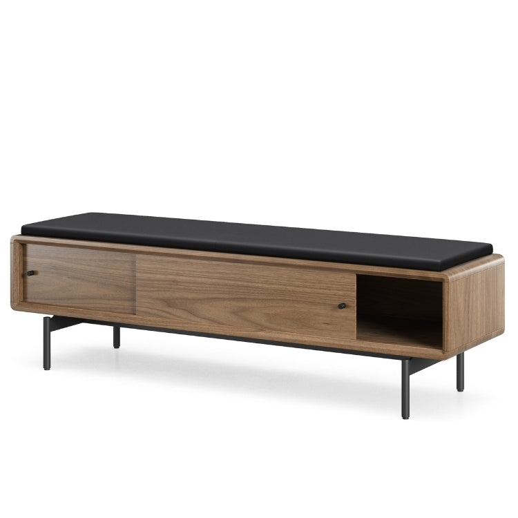 LINQ Bench in walnut with pepper leather cover angled view with door open