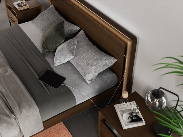 Up-Linq Bed Mocha with headboard charging ipad, nightstands