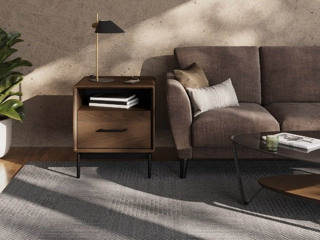 Linq Nightstand with sofa, coffee table, lamp and rug.