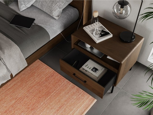 Linq Nightstand with bed top view with open drawer