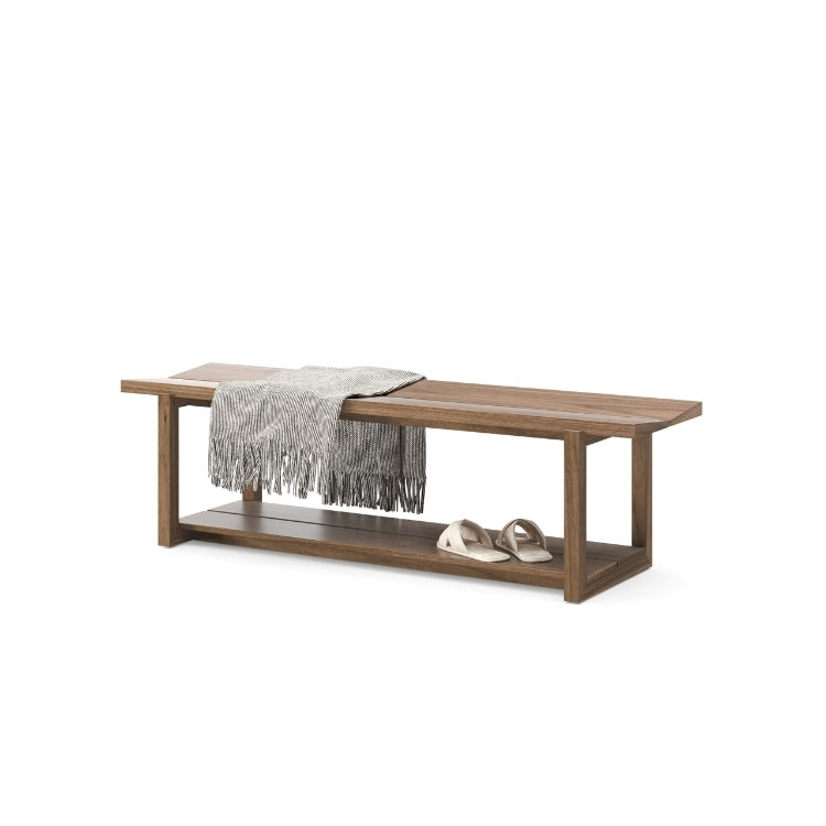 KAVA bench in walnut angle view with blanket and shoes