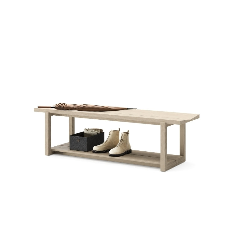KAVA bench in washed oak angled view with umbrella and shoes