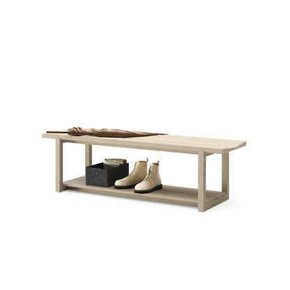 KAVA bench in washed oak angled view with umbrella and shoes
