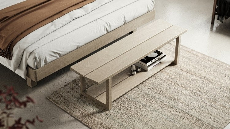KAVA bench in washed oak lifestyle with bed and rug