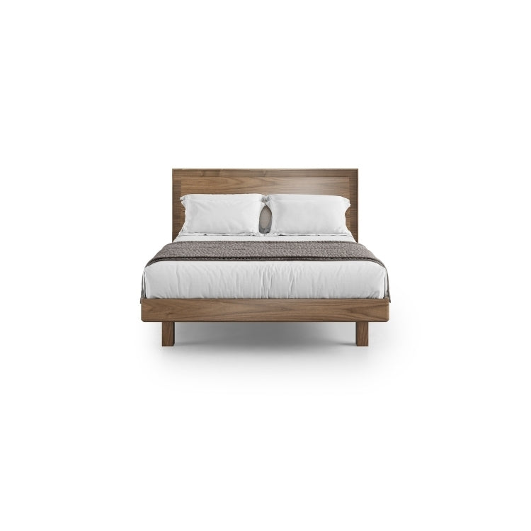 KAVA queen bed in walnut with bedding 