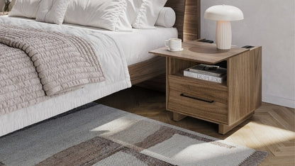20" KAVA nightstand in walnut with top slid open, coffee cup, and lamp