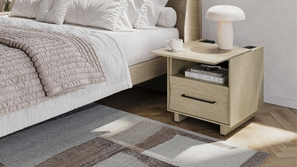 20" KAVA nightstand in washed oak with top slid open, coffee cup, and lamp