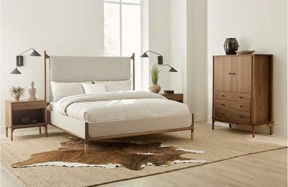 Walnut Grove Upholstered Bed in decorated bedroom with nightstands, gentlemen's chest, and rug