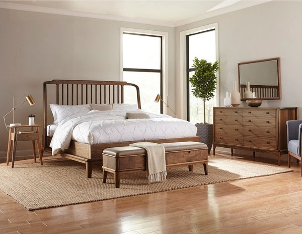 Walnut Grove Mirror in decorated bedroom above dresser, with bed, bench, nightstands, and rug