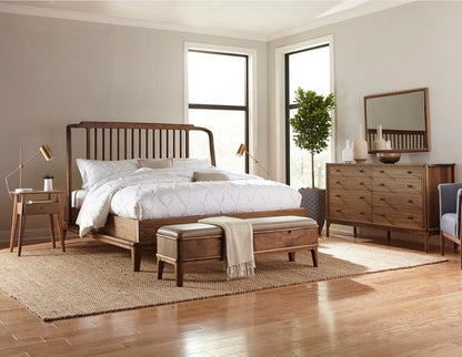 Walnut Grove Mirror in decorated bedroom above dresser, with bed, bench, nightstands, and rug