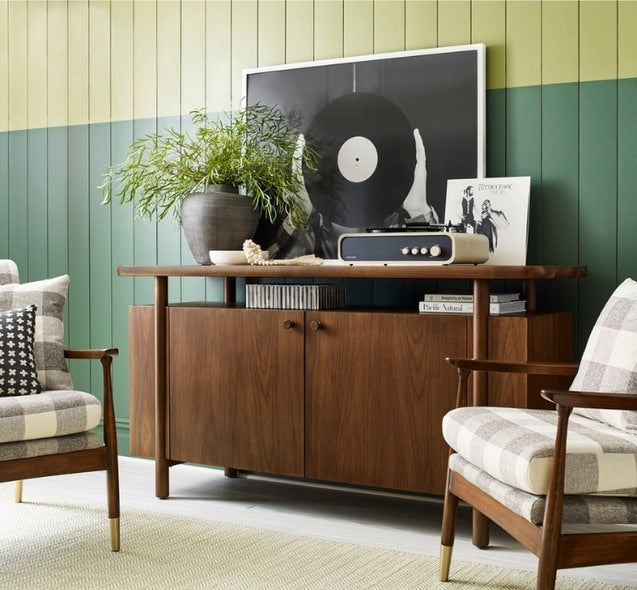Walnut Grove Credenza with decor, record player, seating, and rug
