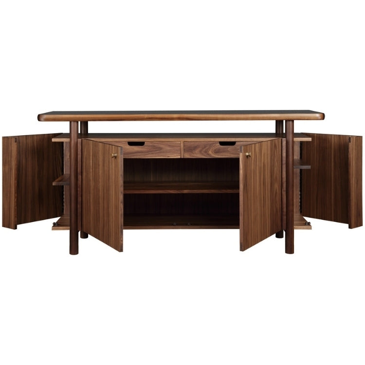 Walnut Grove Credenza with open cabinet doors showcasing shelving and hidden drawers