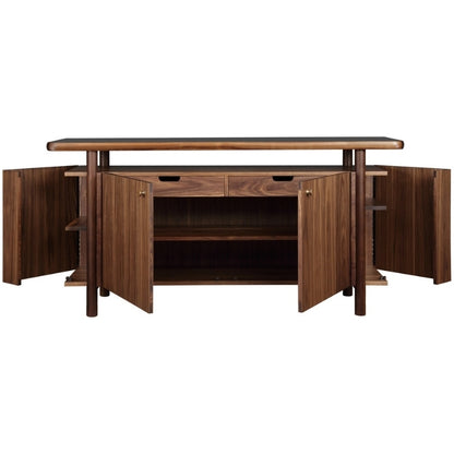 Walnut Grove Credenza with open cabinet doors showcasing shelving and hidden drawers
