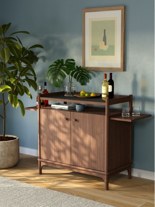 Walnut Grove Small Server with bar supplies, rug, and decor