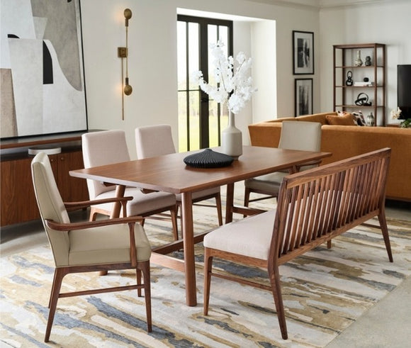 Walnut Grove Spindle Bench in decorated dining room with table, dining chairs, and rug