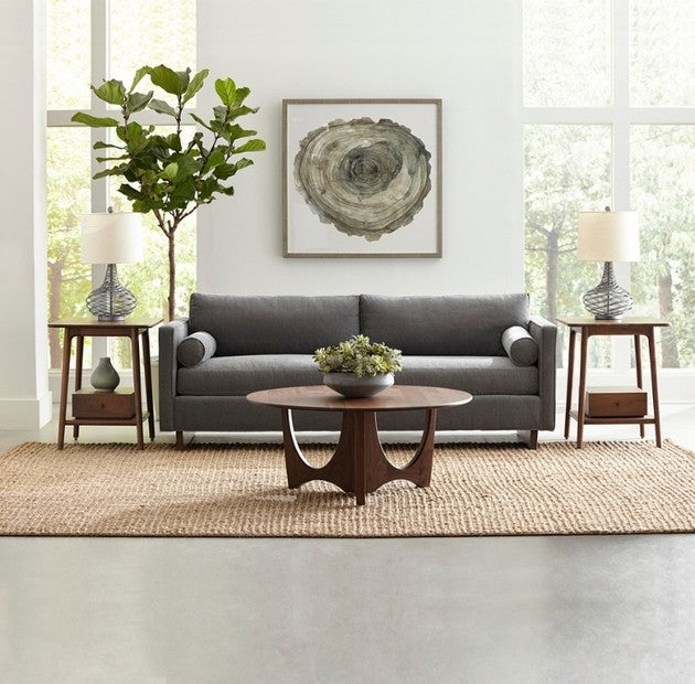 Walnut Grove End Tables in living room with sofa, cocktail table, and rug