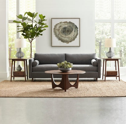 Walnut Grove End Tables in living room with sofa, cocktail table, and rug
