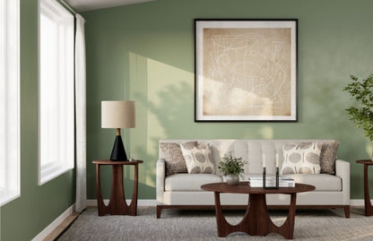 Walnut Grove Drink Table in decorated living room with round cocktail table, sofa, and rug