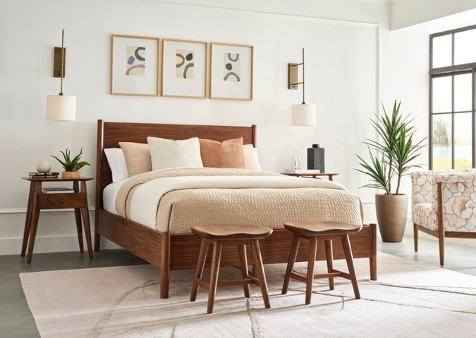 Walnut Grove Low Stool in bedroom with decorated nightstands, bed, and rug