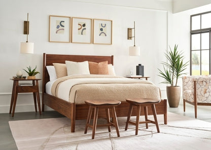 Walnut Grove Low Stool in bedroom with decorated nightstands, bed, and rug