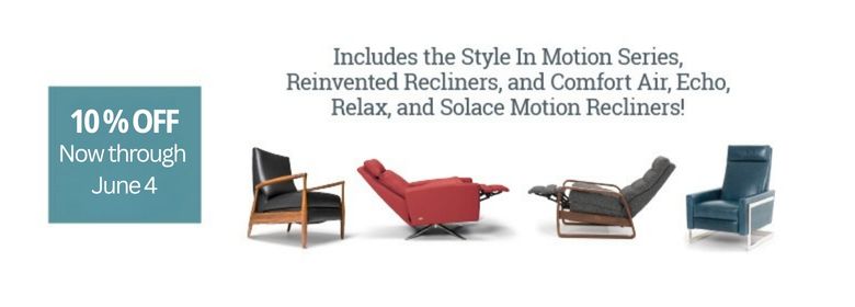 Advertisement for recliners with a 10% off discount offer on a white background.