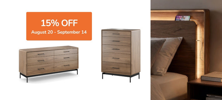 A promotional furniture listing showing two wood nightstands/chests on a white background, with an orange sale banner reading '15% OFF August 20 - September 14,' plus a bedroom lifestyle inset on the right showing one unit installed in a bed headboard with warm ambient lighting.
