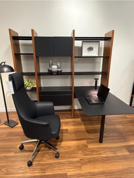 Semblance Desk and Shelving System by BDI is featured in Natural Walnut with Powder Coated Steel Frame.