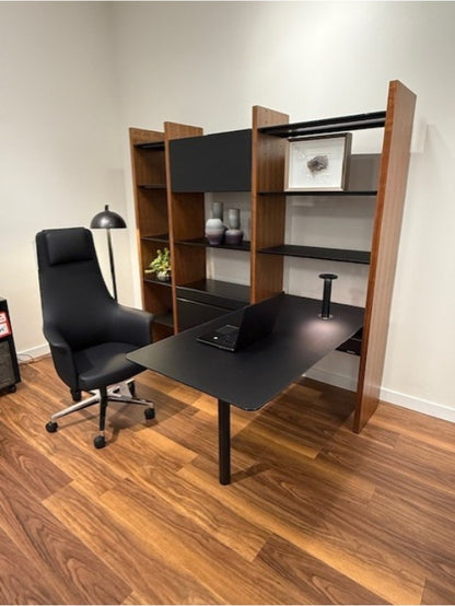 Semblance Desk and Shelving System by BDI is featured in Natural Walnut with Powder Coated Steel Frame.