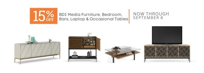 Advertisement for BDI furniture with discounts on media furniture, bedroom items, and occasional tables.