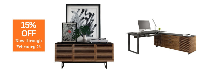 BDI Office Furniture and Media cabinet with 15% off banner