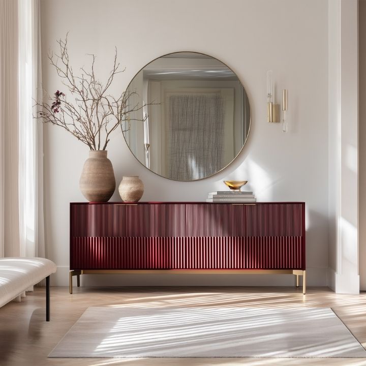 Modern interior with a red sideboard, round mirror, and decorative items.