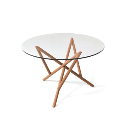 Baton Round Glass Top Table in Natural Cherry top view
