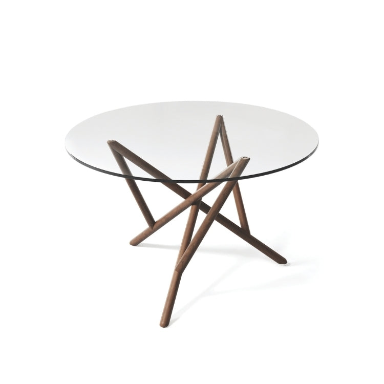 Baton Round Glass Top Table in Natural Walnut top view