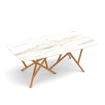 Baton Boat Shaped Stone Top Table in Macchia Vecchia with Natural Cherry base top view