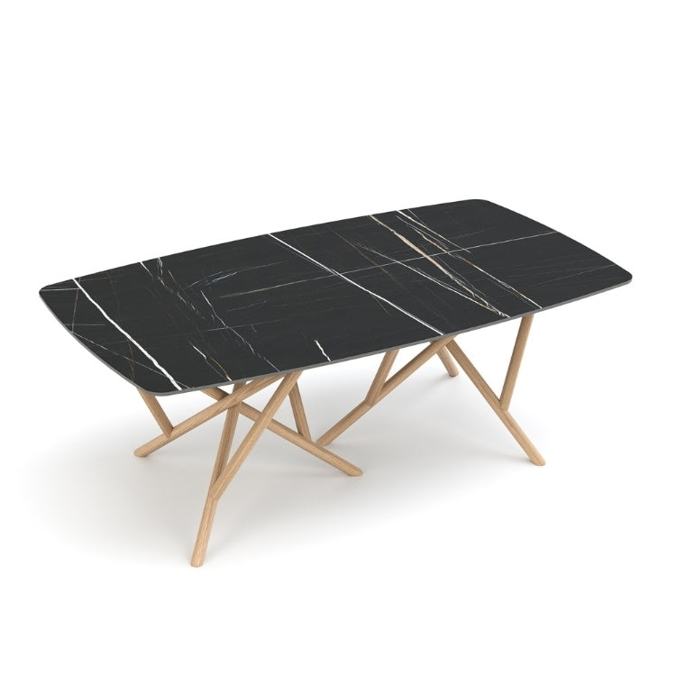 Baton Boat Shaped Stone Top Table in Sahara Noir with Oak base top view