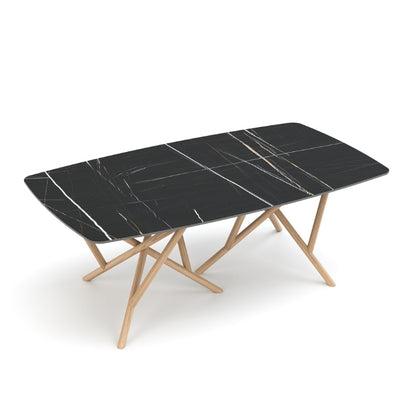 Baton Boat Shaped Stone Top Table in Sahara Noir with Oak base top view