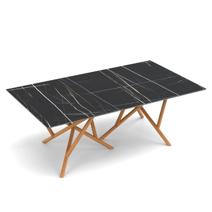Baton Rectangle Stone Top Table in Sahara Noir with Natural Cherry base top view