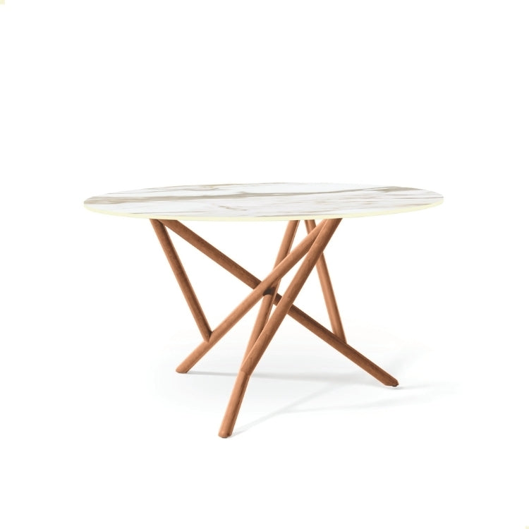Baton Round Stone Top Table in Macchia Vecchia with Natural Cherry  base head on