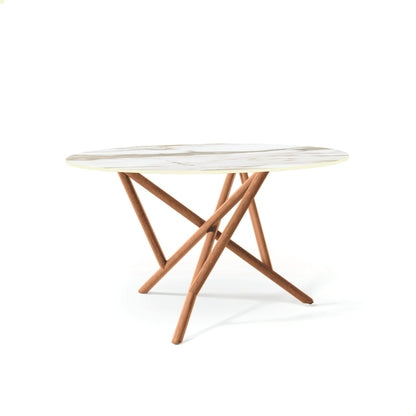 Baton Round Stone Top Table in Macchia Vecchia with Natural Cherry  base head on