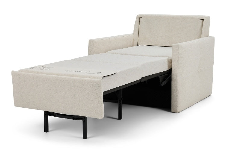 Beige upholstered sofa chair with pull-out mechanism on a white background