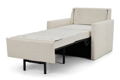 Beige upholstered sofa chair with pull-out mechanism on a white background