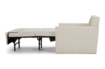 Beige sofa bed with a pull-out mechanism on a white background