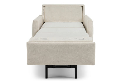 Beige sofa bed with mattress on a white background