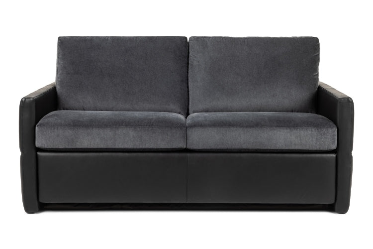 Two seat Gray fabric sofa with black leather base 