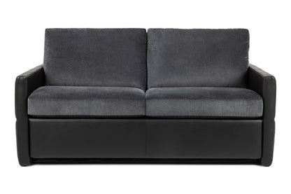 Two seat Gray fabric sofa with black leather base 