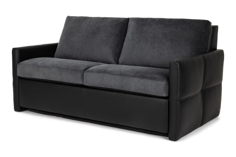 Two seat Gray fabric sofa with black leather base 