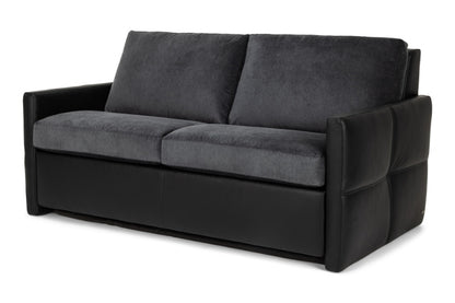 Two seat Gray fabric sofa with black leather base 