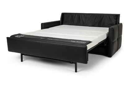 Black leather sofa bed with white mattress on a white background